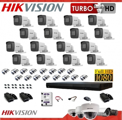 Kit 1080plite 16x16: Hikvision Ds-7216hghi-m1 - 16 Camaras 16-d0t-exipf 1080p - Disco 1tb - 16 Balun -  Fuente 10a