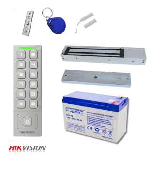Kit Hikvision C. Acceso Autonomo: K1T809Mx - Pulsador Exit - Electromagnetica 255 Kg - Soporte Lz - Sist. Autonomia 12V 7Ah - 1 Mag. - 10 Tag Mifare