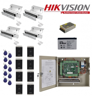 Kit C. Acceso Ip Hikvision Kd2604 (4 Puertas) Con 8 Lectoras K1103m, 4 Cerraduras Y Accesorios