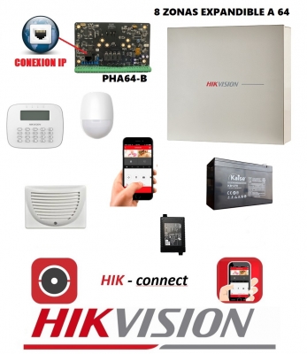 Alarma Kit Ip Hikvision Pha-64/lcd Alfanumerico - Placa - Gabinete - Fuente-teclado Lcd -pir-sirena-bateria