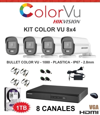 Kit Color Vu 8x4: Hikvision Ds-7208hghi - 4 Color Vu 10df0t-pf - Disco 1tb - 4 Balun - Fuente  - Conectores Dc