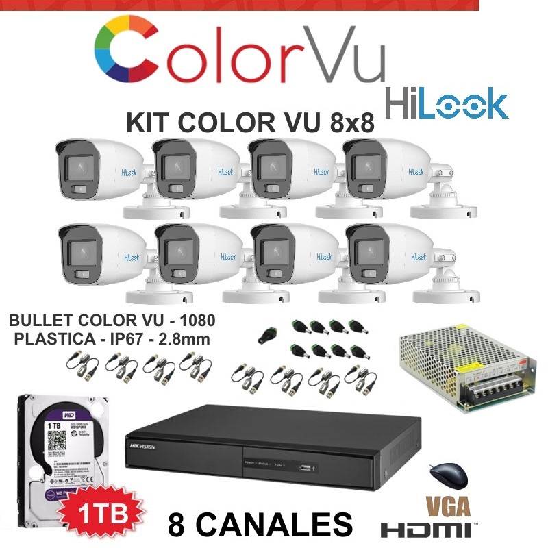 Kit Color Vu 8X8: Hikvision Ds-7208Hghi-M1  - 8 Color Vu Thc-B129-P - Disco 1Tb  - 8 Balun - 2 Fuentes - Conectores Dc