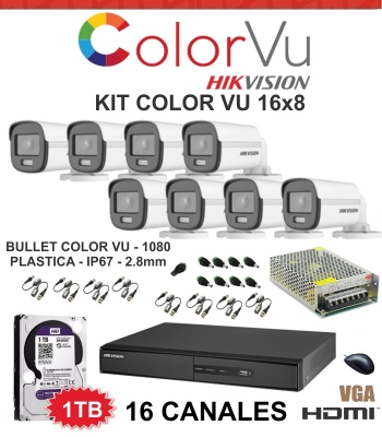 Kit  Color Vu 16x8: Hikvision Ds-7216hghi-m1 - 8 Color Vu 10df0t-pf - Disco 1tb - 8 Balun - Fuente 10 Amper Metal - Conectores Dc