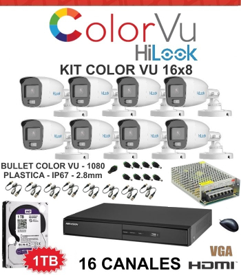 Kit Color Vu 16X8: Hikvision Ds-7216Hghi-M1 - 8 Color Vu Thc-B129-P - Disco 1Tb - 8 Balun -  2 Fuentes   - Conectores Dc