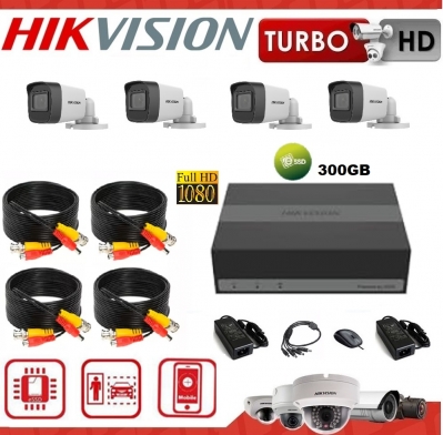 Kit 4x4 Hikvision 1 Ds-e04hghi  Ssd 300gb + Fuente 3a + Cable Alimentacion 1 A 4 + 4 Cables Con Conectores 18.5mts. + 4 Camaras 16d0t-exipf  -  Edvr