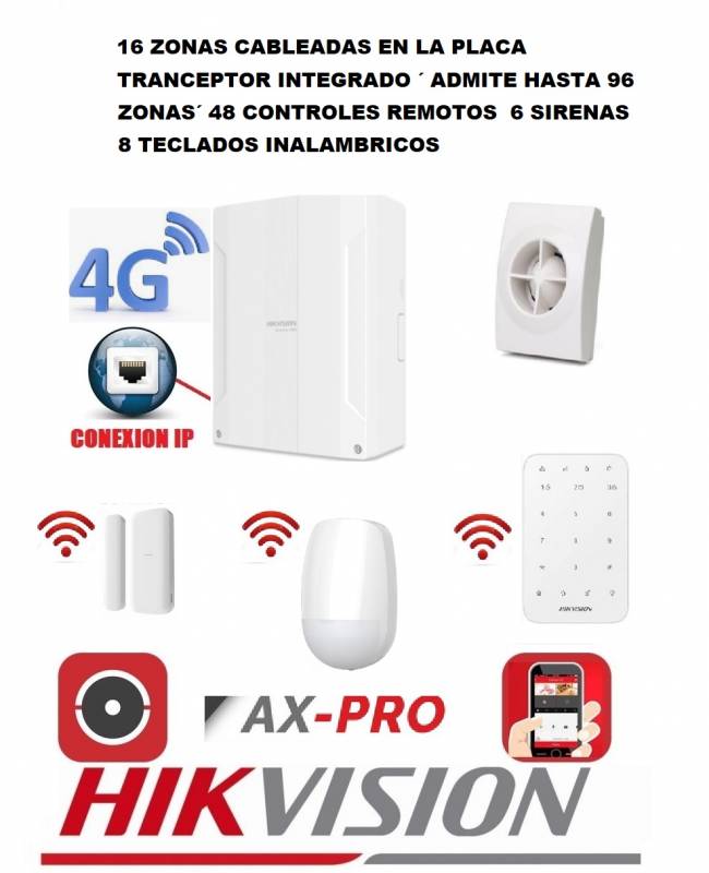 Kit Hikvision Pwa96M2H Comunicador 4G+Ip -16 Zonas Cableadas -Tranceptor - Teclado Inalambrco Pir Y Magnetico Inalambrico -Sirena-Bateria - Pha Alarma