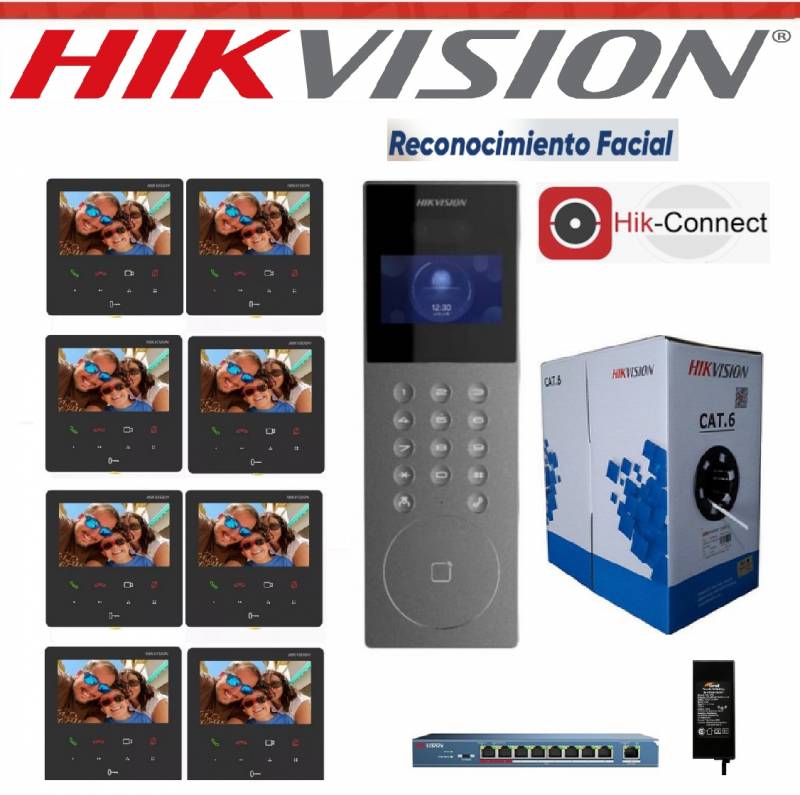 Kit Video Portero Hikvision 1X8 - 1 Frente Kd9203-E6 + Fuente + 1 Switch 3E0109P-E/M + 8 Pantallas Kh6110-We1 + 1 Utp Cat5E Hik 100% Cobre 305Mts.