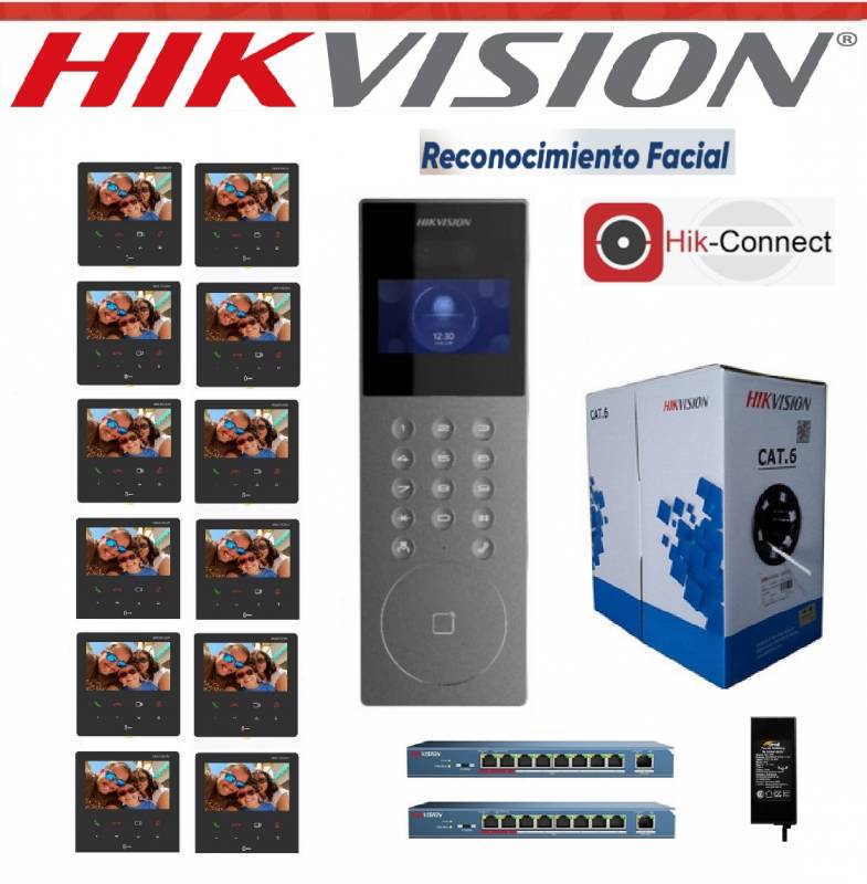 Kit Video Portero Hikvision 1X12 - 1 Frente Kd9203-E6 + Fuente + 2 Switch 3E0109P-E/M + 12 Pantallas  Kh6110-We1 + 1 Utp Cat5E Hik 100% Cobre 305Mts.