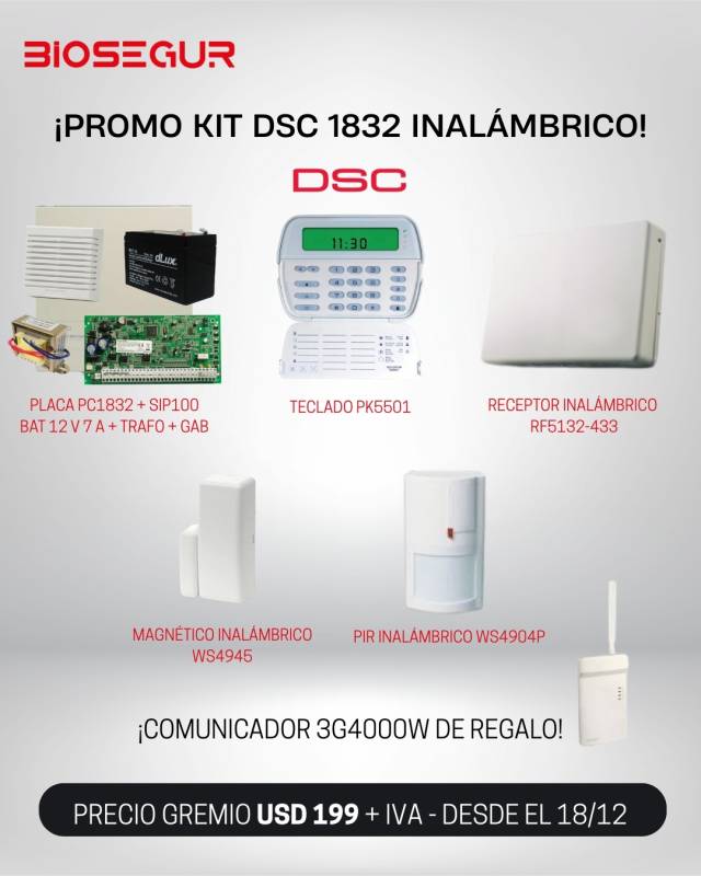 Dsc  Kit 1832 Pk-5501 + Rf5132 + Magnetico Y Pir Inalambrico - Gabinete- Trafo- Placa - Teclado - Pir - Sirena- Bateria - Comunicador Dsc 3G De Regalo