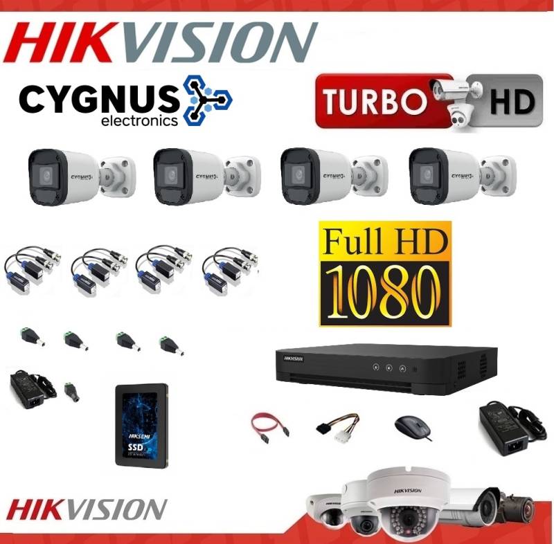Kit Full 1080P 4X4 Hikvision Ds-7204Hghi-M1 - 4 Cámaras Cygnus Hdx-1200F-0280 - Ssd 120Gb - 4 Balun - Fuente - Plug 12