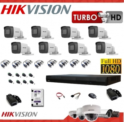 Kit 1080p Lite 8x8: Hikvision Ds-7208hghi-m1 - 8 Camaras 16-d0t-exipf 1080p - Disco 1tb - 8 Balun - Fuentes 			