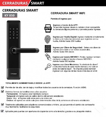 Pronext Ky-850 Cerradura  Biometrica - Rfid - Pin - Standalone - Wifi - App Smart Life - Triple Traba  Ky750