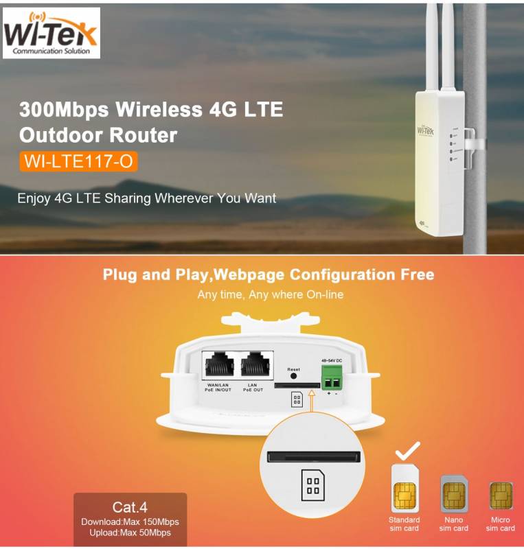 Wi-Tek Wi-Lte117-O  Router Inalambrico 4G Lte Consalida Poe Apto Exterior - Incluye Fuente - Witek - Witec