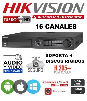 Hikvision Dvr Ds-7316hqhi-k4  Graba 16 Canales En 1080p A 25fps - 4 Sata Hasta 10 Tb C/u - 4 Audio